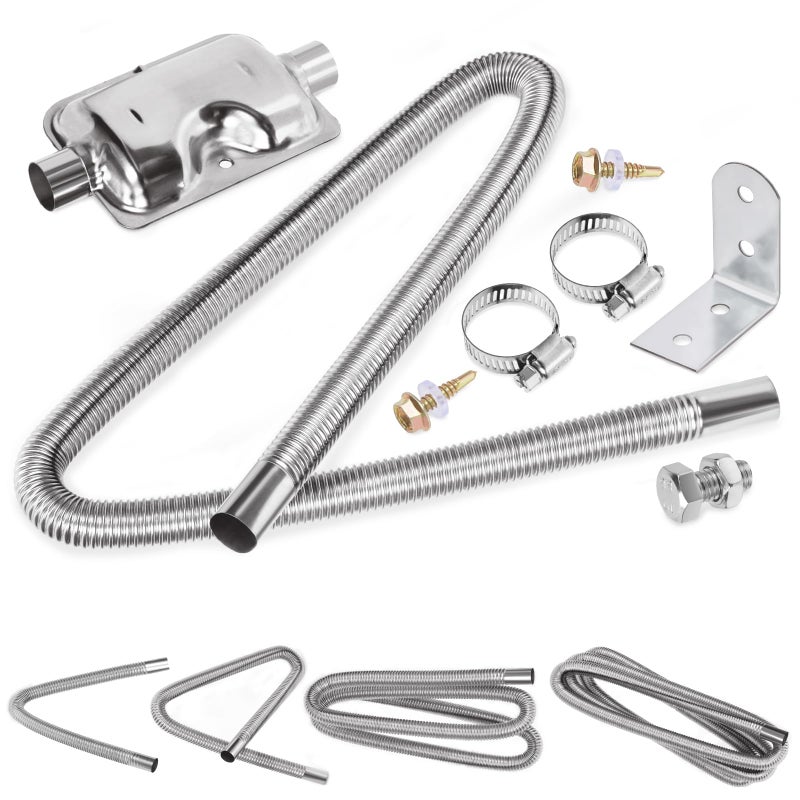 Swpeet 8Pcs 1 x 47 25mm x 120cm Stainless Steel Diesel Heater Exhaust Pipe and Exhaust Silencer Muffler with 18mm29mm Hose Clamps Kit Fuel Tank Diesel Gas Vent Hose Exhaust Tubing for Car Vehicle